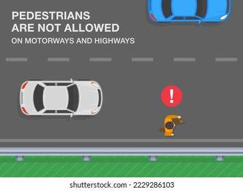 Verkehrsregeln auf Autobahn, Schnellstraße, Autobahn. Fußgänger sind auf der Autobahn nicht erlaubt. Männlicher Charakter, der auf der Autobahn geht. Draufsicht. Flache Vektorgrafik-Vorlage.