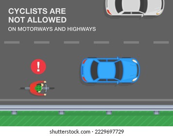 Traffic rules on highway, speedway, motorway. Cyclists are not allowed on motorway and highways. Cyclist riding his bike on expressway. Top view. Flat vector illustration template.