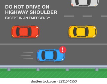 Traffic rules on highway, speedway, motorway. Do not drive on highway shoulder except in an emergency. Blue sedan car moving on highway shoulder. Top view. Flat vector illustration template.