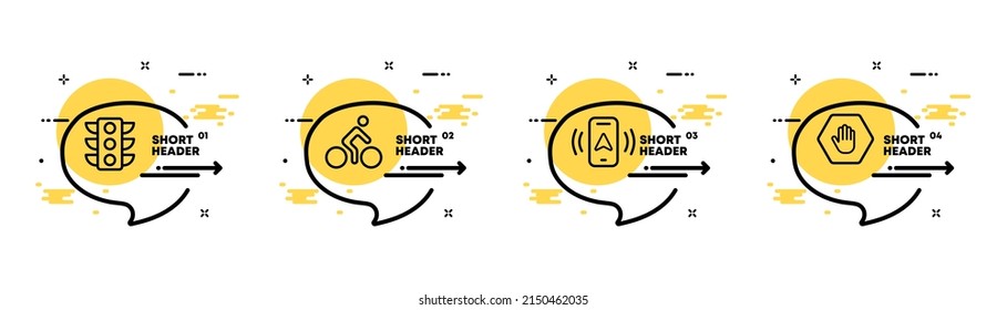 Traffic rules set icon. Traffic light, cyclist, navigation, travel without stopping prohibited sign. Infographic timeline with icons and 4 steps. Vector line icon for Business and Advertising.