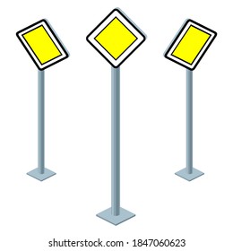 Traffic rules sign main road isolated on white set isometric illustration. Vector 3d