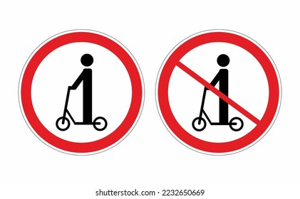 Las reglas de tráfico firman el e-scooter. Motocicleta eléctrica y sin placa eléctrica en fondo blanco. Signo que indica la prohibición o norma. Plantilla redonda. Ilustración vectorial en estilo plano.