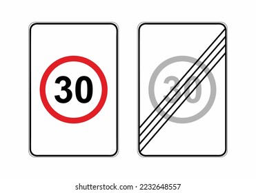 Traffic rules signs speed limit. Speed limit 30 on white background. Sign indicating the prohibition or rule. Vertical template. Vector illustration in flat style.