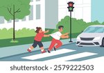 Traffic rules violation. children run across road at red light, little pedestrians crossing street, emergency situation, vector illustration