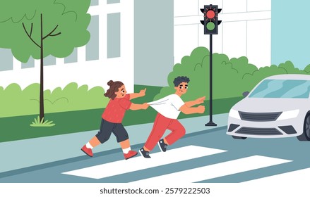 Traffic rules violation. children run across road at red light, little pedestrians crossing street, emergency situation, vector illustration