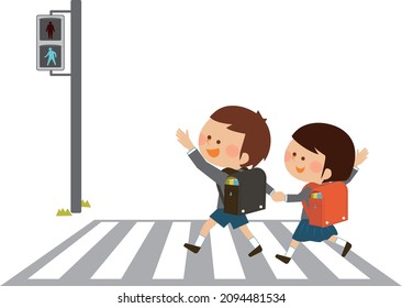 Traffic Safety: A Child Carrying A Japanese Elementary School Bag Across A Pedestrian Crossing