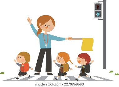 Traffic safety Commuting to and from school Illustration of a child crossing a pedestrian crossing