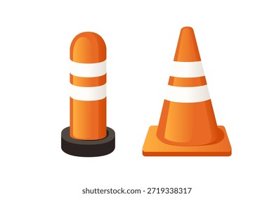 Conjunto de conos de seguridad de tráfico. Pilones a rayas naranjas y blancas con bases negras. Marcadores de advertencia de zona de construcción. Diseño plano para señalización de obras viales. Ilustración vectorial aislada sobre fondo blanco