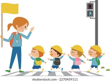 Traffic safety Illustration material of children crossing a pedestrian crossing