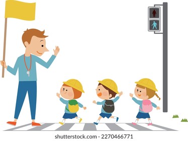 Traffic safety Illustration material of children crossing a pedestrian crossing