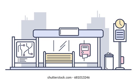 Traffic schedule. Public transport. Modern bus stop in the city. Buy ticket at bus station. Infrastructure element. City map. Commute to work.