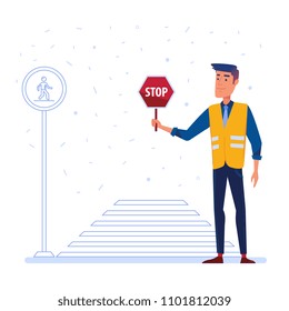 Traffic Security Guard In Yellow Vest With Stop Sign In Front Of The Crosswalk. Pedestrian Safety And Traffic Police Concept. Vector Flat Design Illustration On White Background.