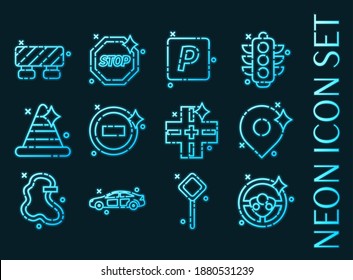 Traffic set icons. Blue glowing neon style.