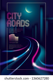 Traffic shiny lines of the night city road. Effect vector beautiful background. Blur colorful dark background with cityscape, buildings silhouettes skyline. 