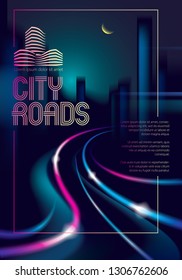 Traffic shiny trails of the night city road. Effect vector beautiful background. Blur colorful dark background with cityscape, buildings silhouettes skyline.