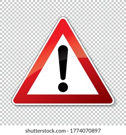 traffic sign attention. German traffic sign of danger or Danger zone on checked transparent background. Vector illustration. Eps 10 vector file.