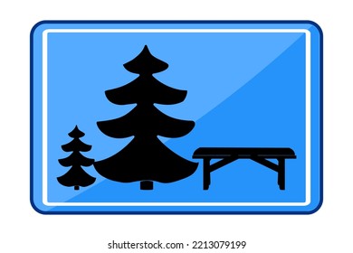 Traffic sign with bench and pine tree. Parking zone. Picnic area icon. Road sign indicating resting place. Rest site for motorists. Stock vector illustration