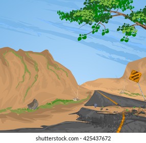 Traffic sign broken road vector,rural scenery nature landscape background