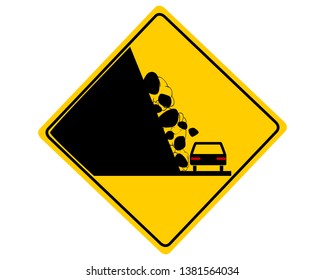 Traffic sign with car and falling rocks