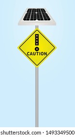 Traffic sign caution with solar panel and flashing