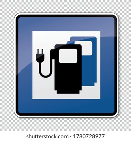 traffic sign Charging station point. German sign Electric vehicle recharging point Ecology friendly electric car charging on checked transparent background. Vector illustration. Eps 10 vector file.
