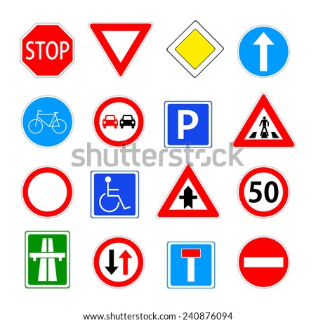 Traffic sign collection. red, blue, green and yellow warning, priority, prohibitory, mandatory... road sings set. vector art image illustration, isolated on white background