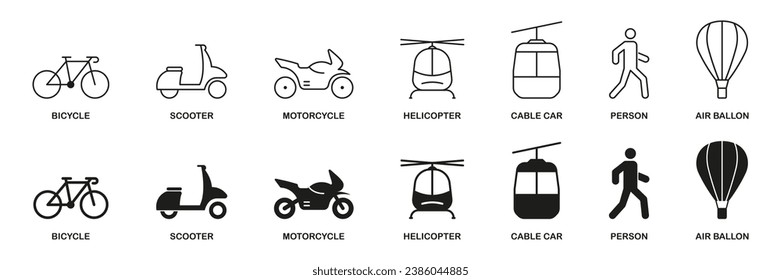 Traffic Sign Collection. Vehicle Symbols, Transportation Modes Line and Silhouette Icon Set. Pedestrian, Helicopter, Bike, Motorcycle, Moped, Cable Car Pictogram. Isolated Vector Illustration.