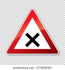 traffic sign crossroad. German sign warning about crossroads on checked transparent background. Vector illustration. Eps 10 vector file.