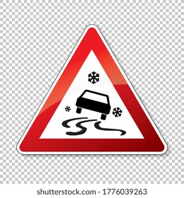 traffic sign ice spin danger. German sign warning about ice slip danger (Schleudergefahr) at wintertime on checked transparent background. Vector illustration. Eps 10 vector file.
