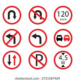 El conjunto de iconos de señales de tráfico incluye símbolos regulatorios y de advertencia sobre un fondo blanco.