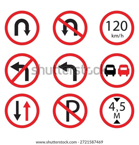 The traffic sign icon set includes regulatory and warning symbols on a white background.
