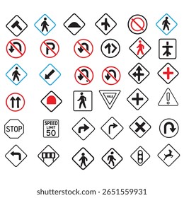 Traffic Sign Icon Set – Road Safety and Street Symbols – Vector Outline Illustration