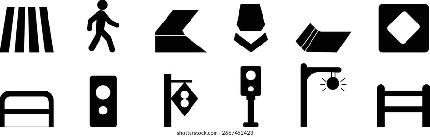 Conjunto de iconos de señales de tráfico, Vectores de seguridad vial, Paquete de Vector de conducción y transporte, iconos de señalización de carreteras y calles para conceptos de navegación y viajes, siluetas de barricadas. Carretera y peatón