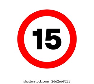 Una señal de tráfico que indica un límite de velocidad de 15 kilómetros por hora. Señal de límite de velocidad, diseño e ilustración del Vector de seguridad del tráfico.

