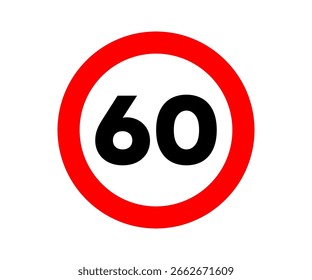 Una señal de tráfico que indica un límite de velocidad de 60 kilómetros por hora. Señal de límite de velocidad, diseño e ilustración del Vector de seguridad del tráfico.


