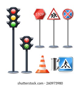 Traffic sign and lights realistic 3d decorative icons set isolated vector illustration