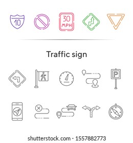 Traffic sign line icons. Route, destination, yield ahead. Road sign concept. Vector illustration can be used for topics like traffic, road marking, traffic striping