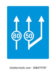 Traffic sign : minimum speeds on the middle and left lane,  right turn exit ahead.