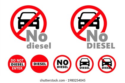 Traffic sign with no diesel allowed. traffic sign zone, stop forbidding to use diesel cars in the streed. NOx, CO2 emissions, Carbon dioxide. Flat vector do not enter. Climate change, global warming.