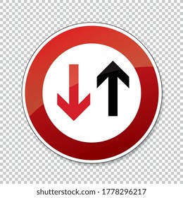 traffic sign no passing. German traffic sign indicating that oncoming traffic has priority on checked transparent background. Vector illustration. Eps 10 vector file.