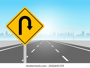 Traffic Sign on Highway Road. Vector Illustration. 