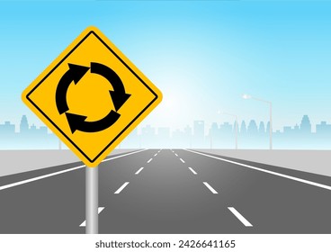 Traffic Sign on Highway Road. Vector Illustration. 