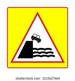Traffic sign on a white background,gaution cliff ahead