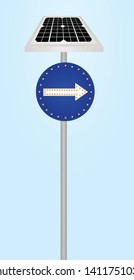 Traffic sign only way street with solar panel and flashing lights. vector