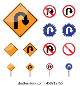 Traffic sign. Prohibition Sign U-turn set . Vector illustrations