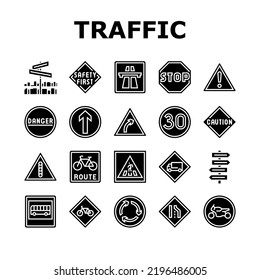 Traffic Sign Road Information Icons Set Vector. Speed Limit And Caution, Bicycle And Bike, Highway And Danger Traffic Sign. Signpost With Direction Info And Signal Glyph Pictograms Black Illustrations