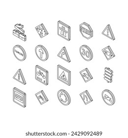 Traffic Sign Road Information isometric icons set. Speed Limit And Caution, Bicycle And Bike, Highway And Danger Traffic Sign. Signpost With Direction Info And Signal Color