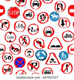 traffic sign seamless pattern design - vector illustration sketch hand drawn with black lines, isolated on white background