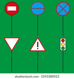Traffic sign set. Stop and caution symbols. Blue and red indicators. Green background illustration. EPS 10.