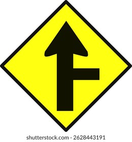 Traffic sign showing side road enters from right, yellow diamond shape. Used in road safety and traffic control to warn of merging traffic.